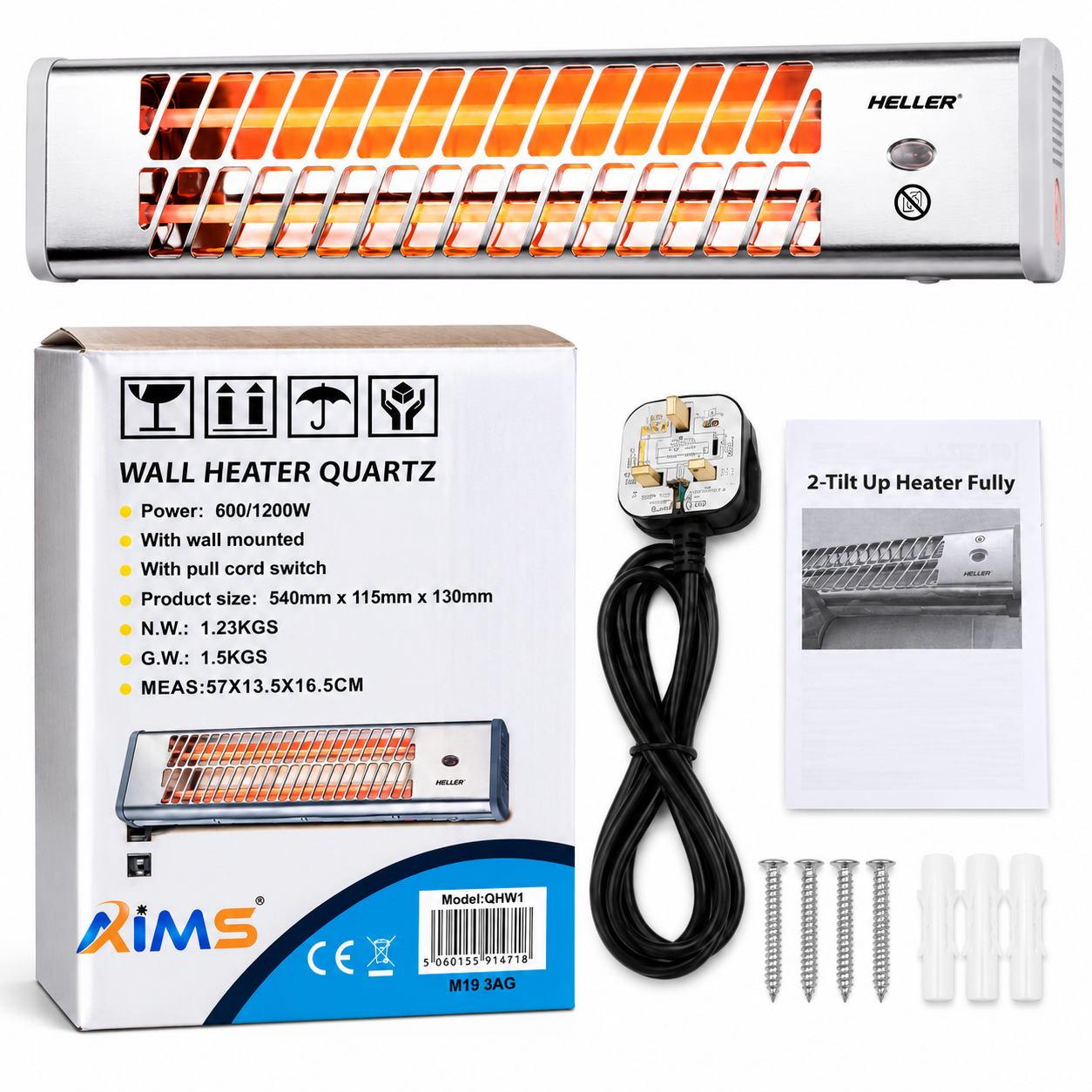Wall Quartz Halogen Heater 2 Bar 1200W With 2 Heat Settings