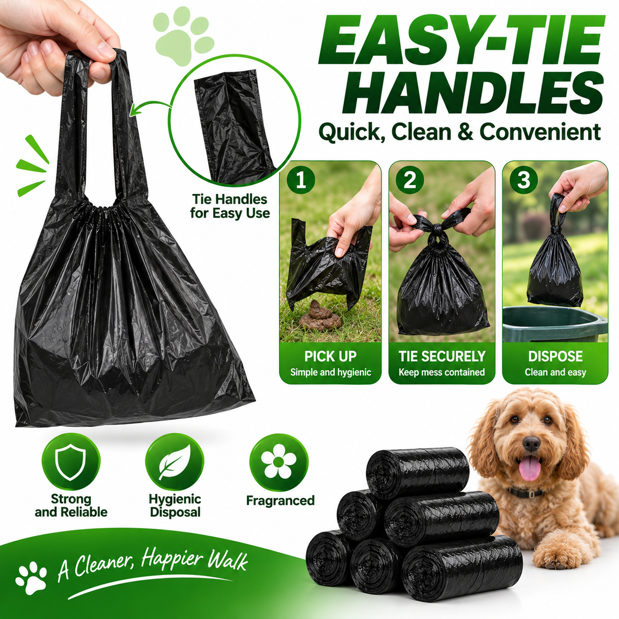 150 Pocket Pack Doggy Bags With Tie Handles Strong Doggy Poop Pet Waste Pack