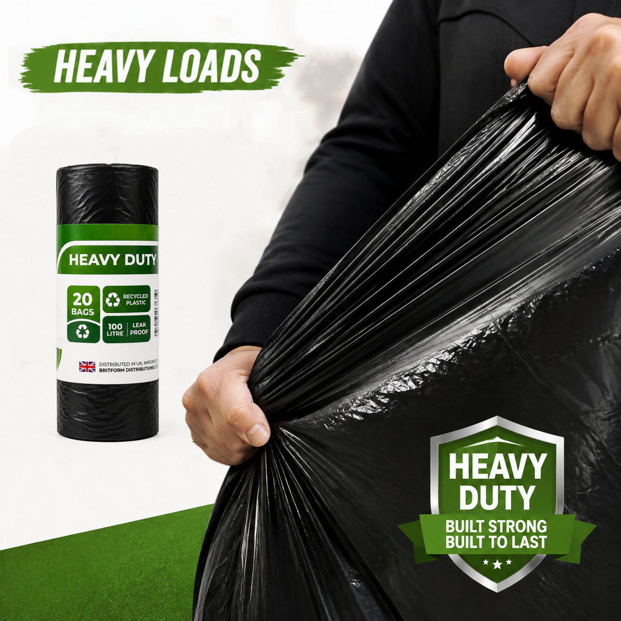 20pcs Heavy Duty Bin Bags 100L Plastic Leak Proof Black Refuse Rubbish Sacks