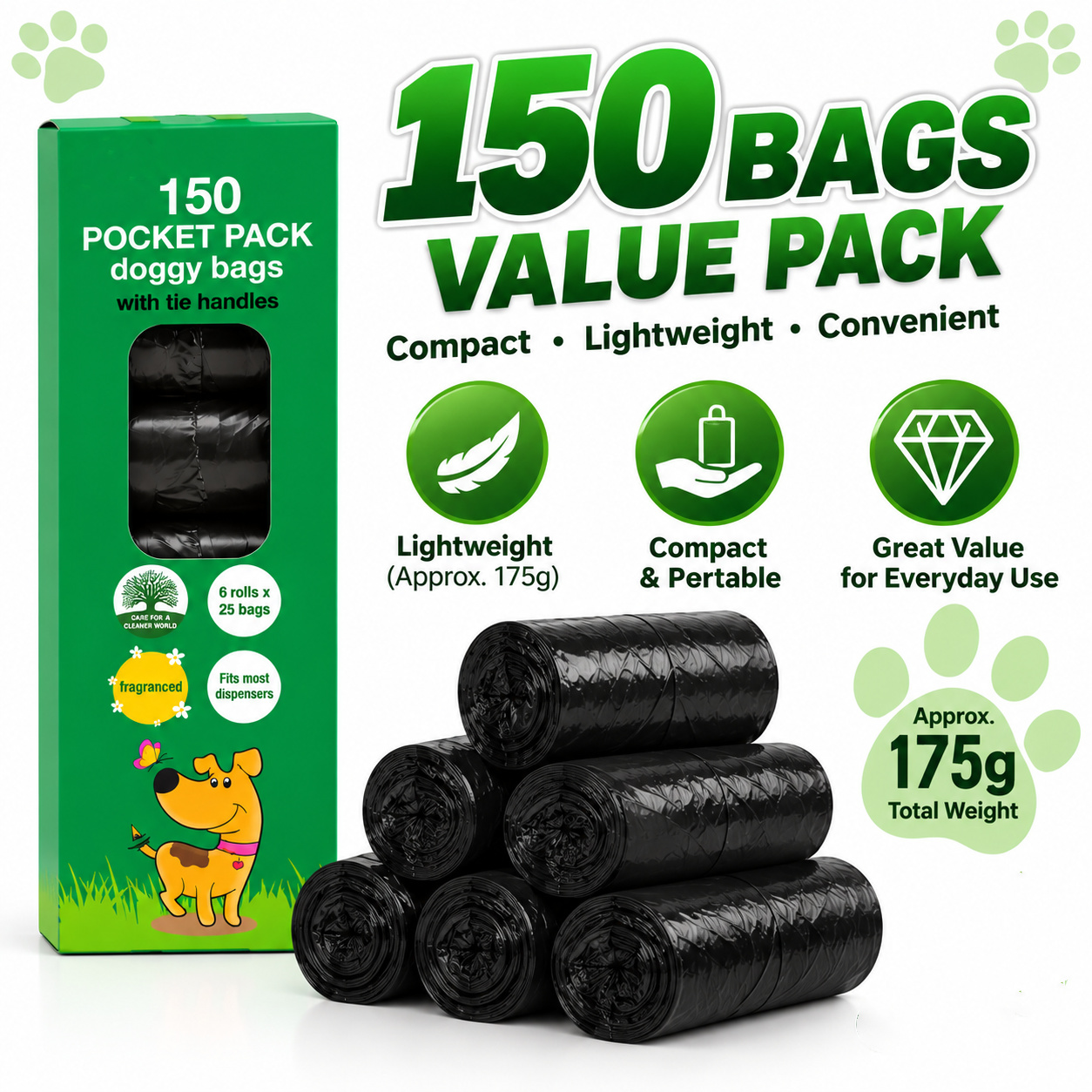 150 Pocket Pack Doggy Bags With Tie Handles Strong Doggy Poop Pet Waste Pack