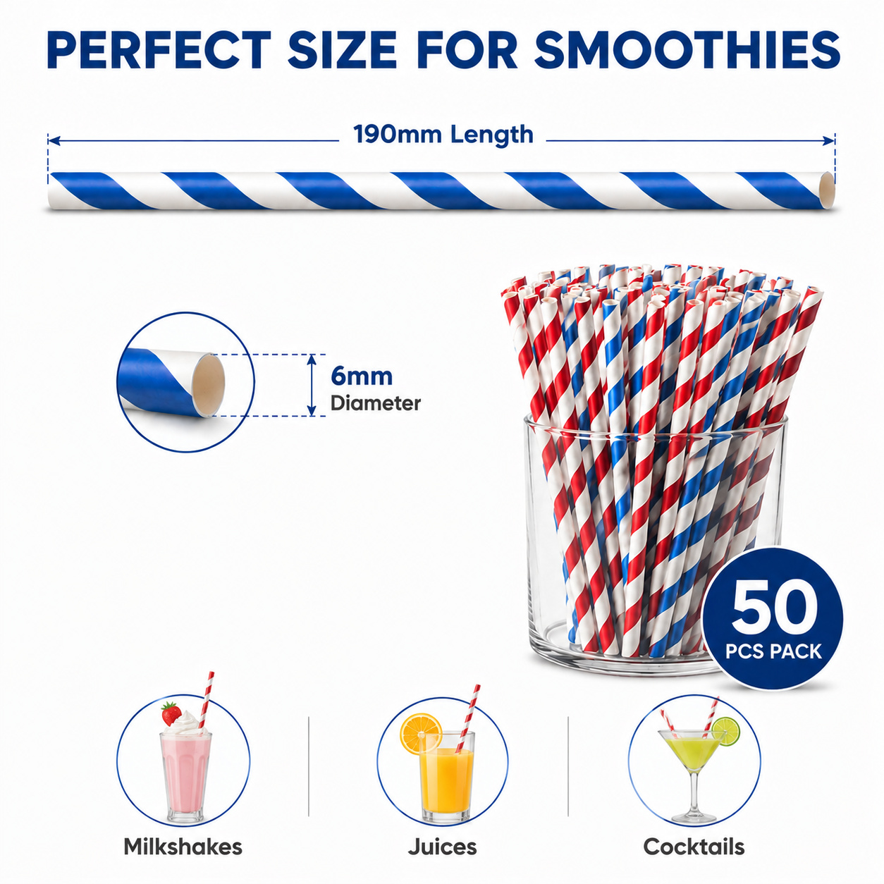 50 Pack Biodegradable Paper Straws 6mm x 190mm Eco Friendly Xmas Drinking Party Straws