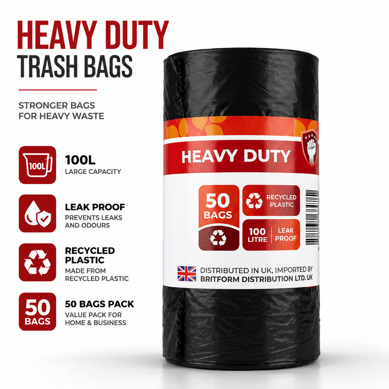 50pcs Heavy Duty Bin Bags 100L Plastic Leak Proof Black Refuse Rubbish Sacks