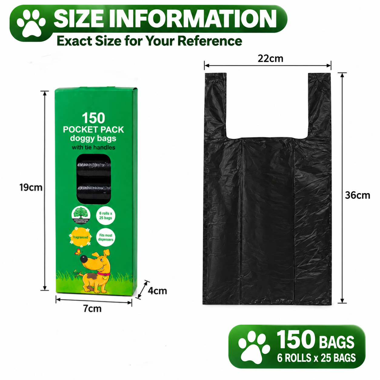 150 Pocket Pack Doggy Bags With Tie Handles Strong Doggy Poop Pet Waste Pack