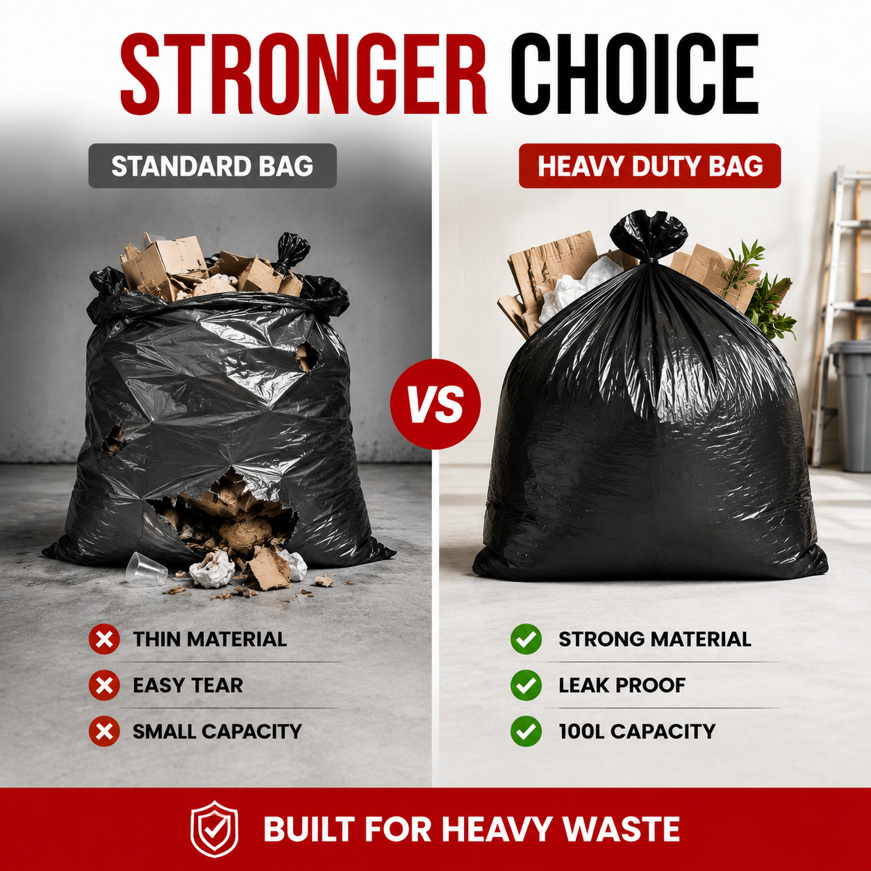 50pcs Heavy Duty Bin Bags 100L Plastic Leak Proof Black Refuse Rubbish Sacks
