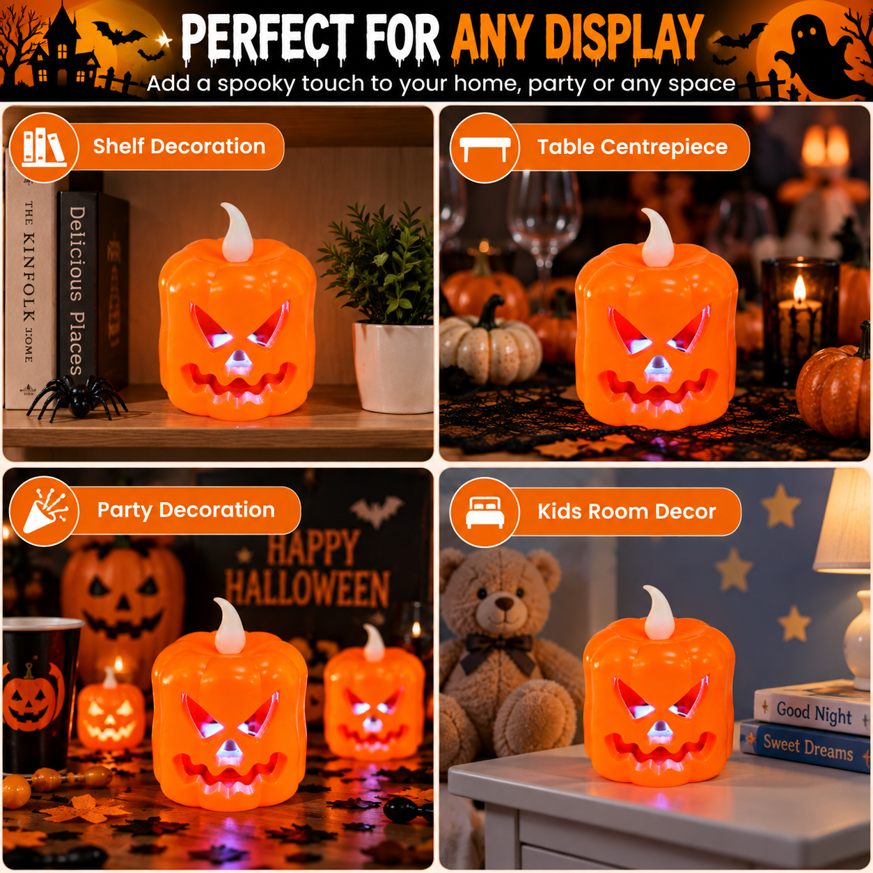 5 Pack Halloween Battery Tea Lights Pumpkin LED Flameless Candles Safe Battery Operated Orange Lights