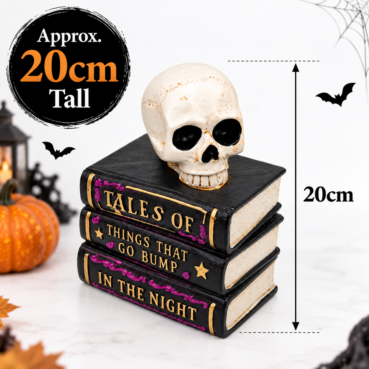Halloween Stacked Books Tabletop Decor with Skull,  Spooky Skeleton Shelf Decoration for Home, Party, Haunted House, Mantle, Office