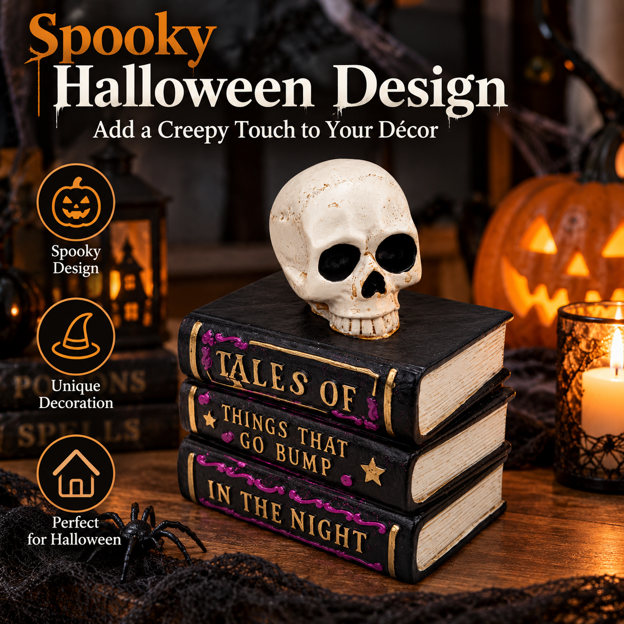 Halloween Stacked Books Tabletop Decor with Skull,  Spooky Skeleton Shelf Decoration for Home, Party, Haunted House, Mantle, Office