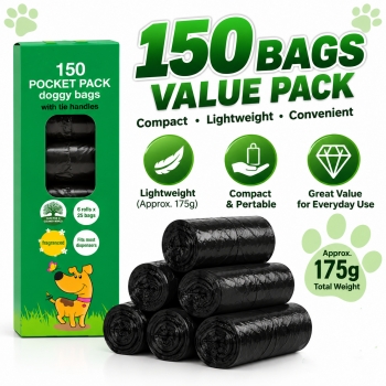 150 Pocket Pack Doggy Bags With Tie Handles Strong Doggy Poop Pet Waste Pack