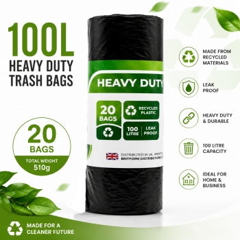 20pcs Heavy Duty Bin Bags 100L Plastic Leak Proof Black Refuse Rubbish Sacks