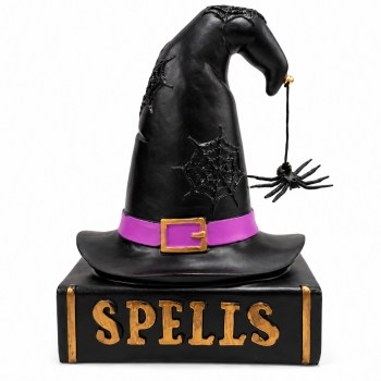 Halloween Witch Hat Spell Book Resin Figurine, Black Spider Web Witch's Hat with Hanging Spider on "SPELLS" Book