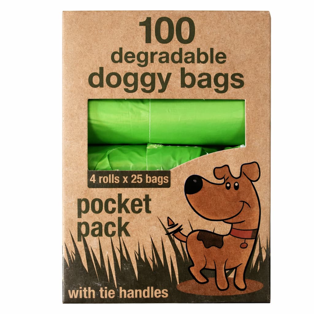 100pcs Degradable Doggy Bags with Tie Handles – 4 Rolls (25 Bags per Roll), Pocket Size