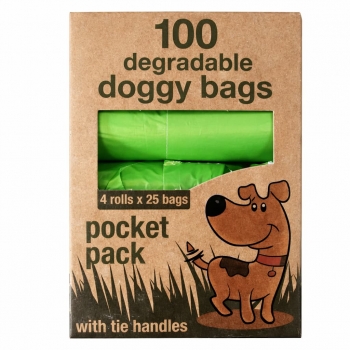100pcs Degradable Doggy Bags with Tie Handles – 4 Rolls (25 Bags per Roll), Pocket Size