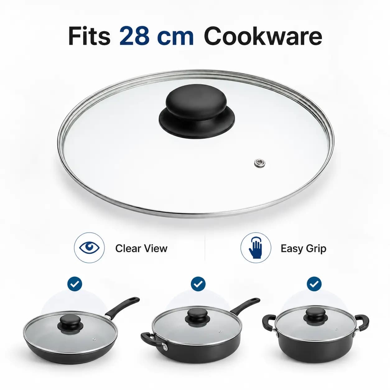 28cm Clear Glass Replacement Pan Lid with Knob for Kitchen