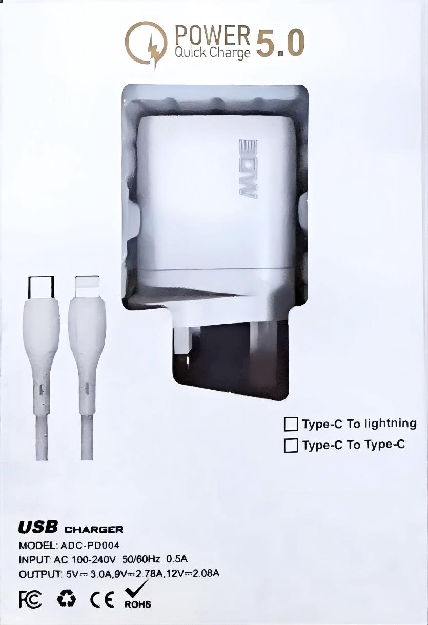 30W Fast Charger Plug with LED USB-A USB-C Dual Port Super Fast Charge Adapter Includes 1 Cable White