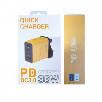 38W PD Fast Charger Plug QC3.0 USB-C Wall Adapter with 3 USB-C PD + 1 USB-A Ports for iPhone Samsung Android Devices