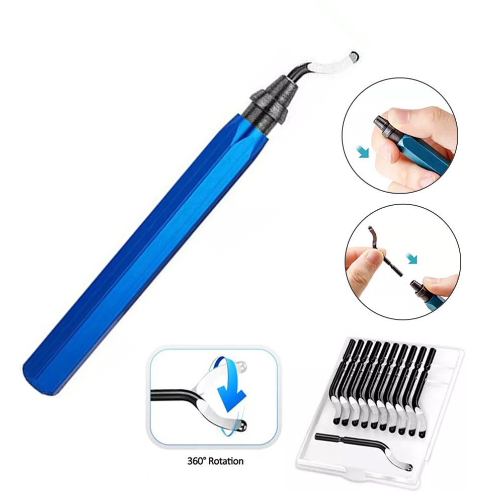 Hand Deburring Tool with 10 Pcs Spare Burr Removal Steel Blades Useful Blue