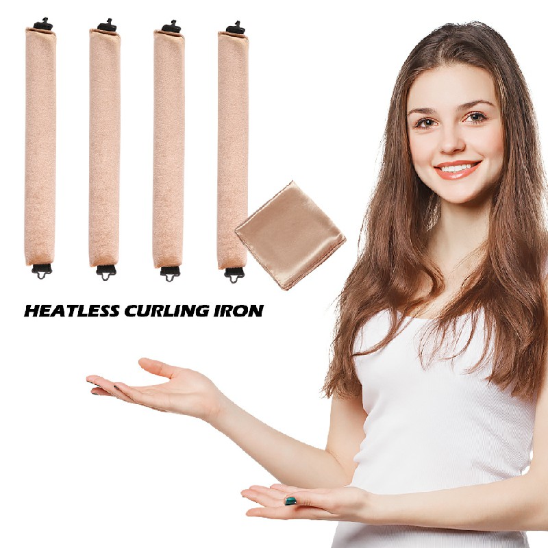 5pcs Overnight Heatless Hair Curler Blowout Rods Heatless Curls Flexi Rods with Silk Scarf Khaki