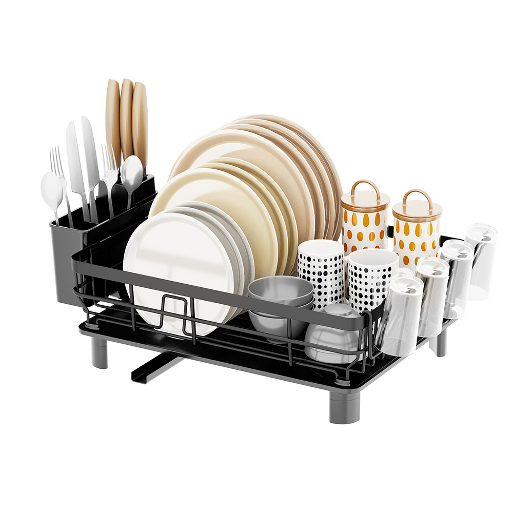 Stainless Steel Dish Drying Rack with Drip Tray and Utensil Holder Home Black