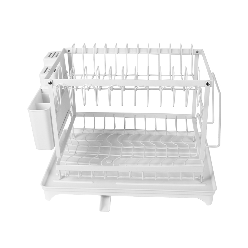 2 Tier Sink Dish Drainer Rack with Drip Tray, Plate Rack and Cutlery Holder White