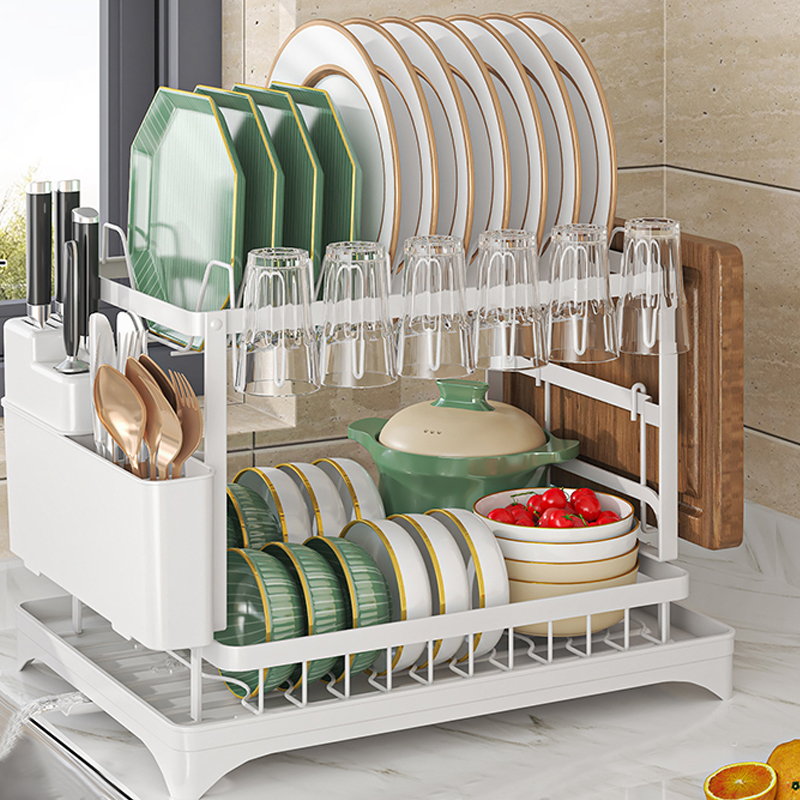 2 Tier Sink Dish Drainer Rack with Drip Tray, Plate Rack and Cutlery Holder White