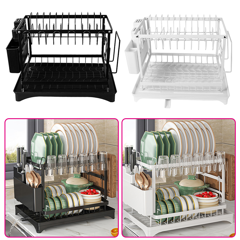 2 Tier Sink Dish Drainer Rack with Drip Tray, Plate Rack and Cutlery Holder White