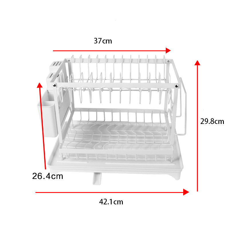 2 Tier Sink Dish Drainer Rack with Drip Tray, Plate Rack and Cutlery Holder White