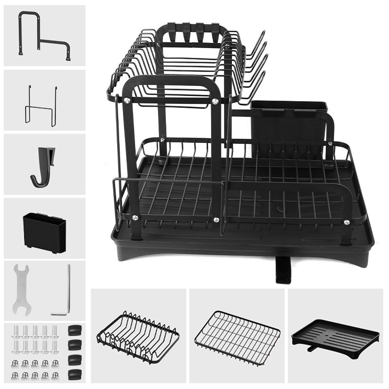 2 Tier Detachable Dish Drying Rack with Drainage Spout Utensil and Cutting Board Holder Black