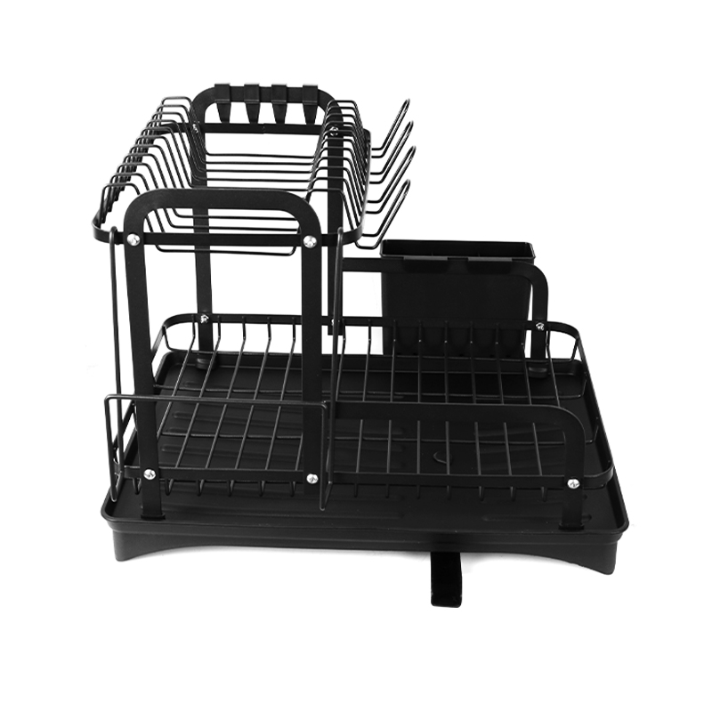 2 Tier Detachable Dish Drying Rack with Drainage Spout Utensil and Cutting Board Holder Black
