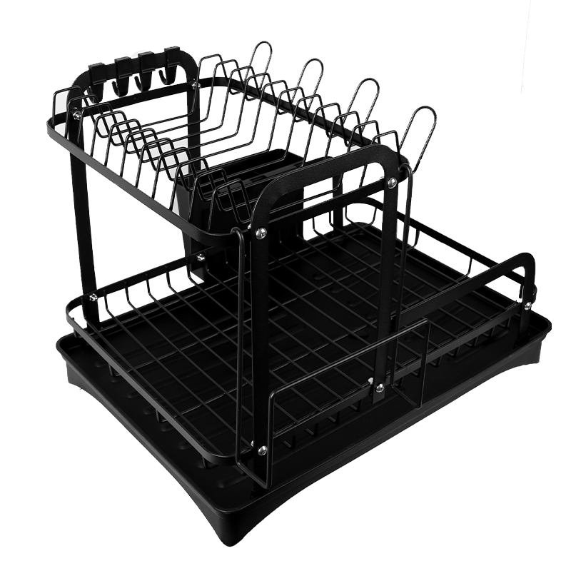 2 Tier Detachable Dish Drying Rack with Drainage Spout Utensil and Cutting Board Holder Black
