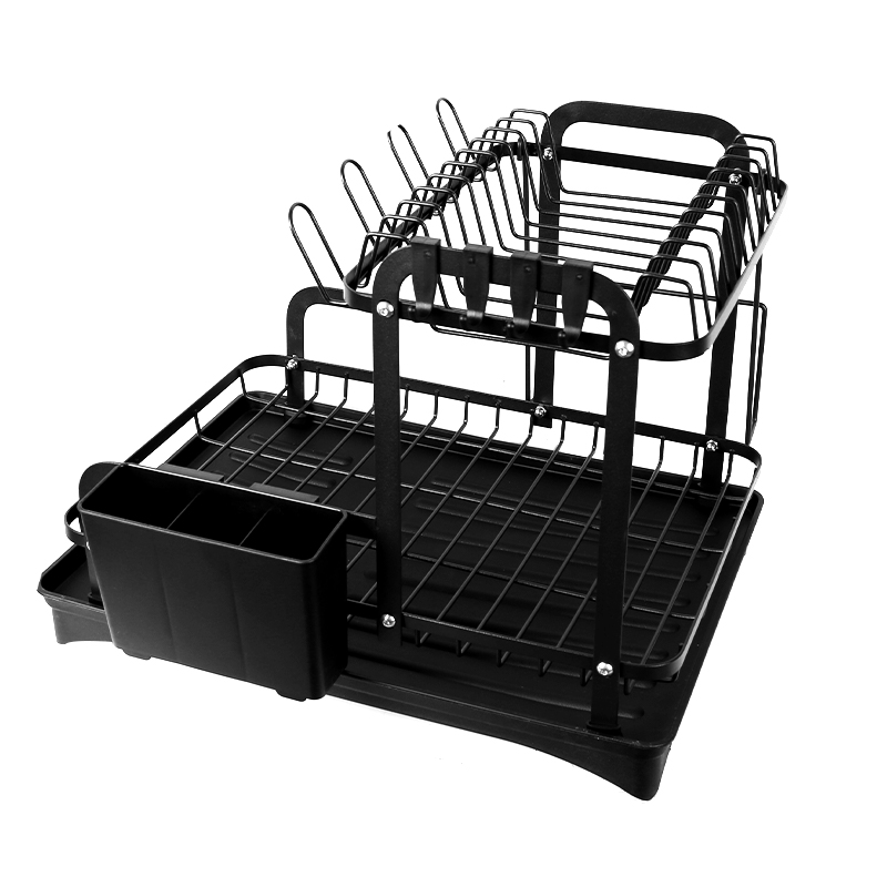 2 Tier Detachable Dish Drying Rack with Drainage Spout Utensil and Cutting Board Holder Black