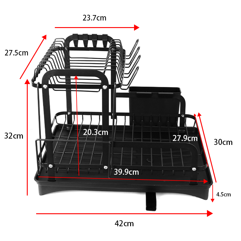 2 Tier Detachable Dish Drying Rack with Drainage Spout Utensil and Cutting Board Holder Black