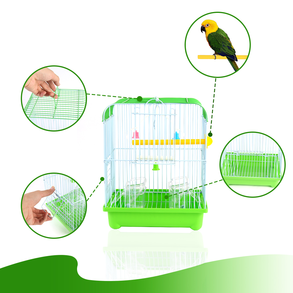 Green Small Bird Cages 22cm x 27cm x 16cm for Canaries Finches Metal with Accessories