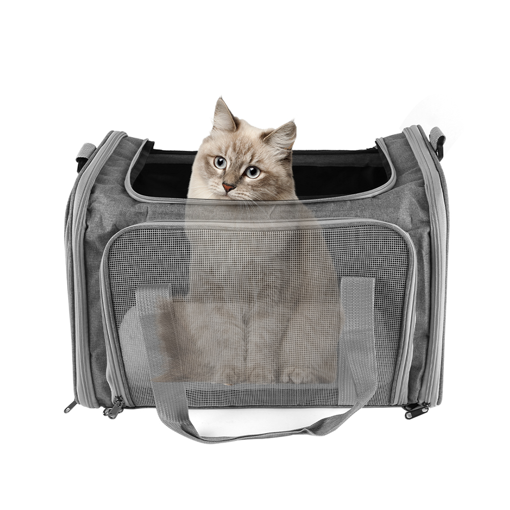Grey Large Pet Carrier Bag Soft Fabric Foldable Portable Travel Cat Bag