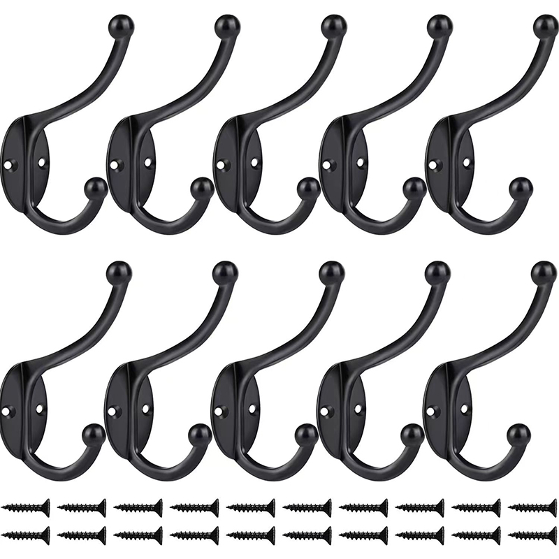 10pcs Double Hat Coat Hooks Zinc Alloy Door Wall Mount Hangers Black