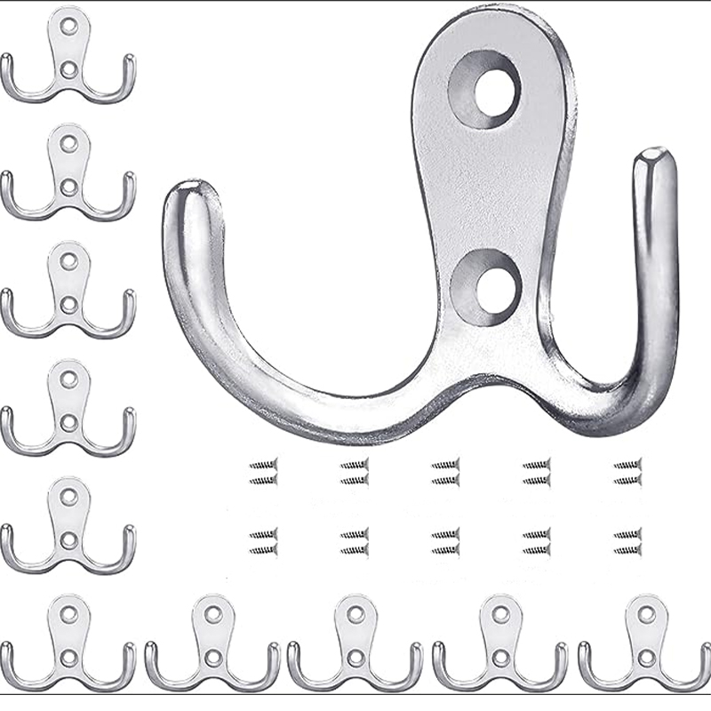 10PCS Silver Metal Double Coat Hooks Heavy Duty Door Hooks with Screws