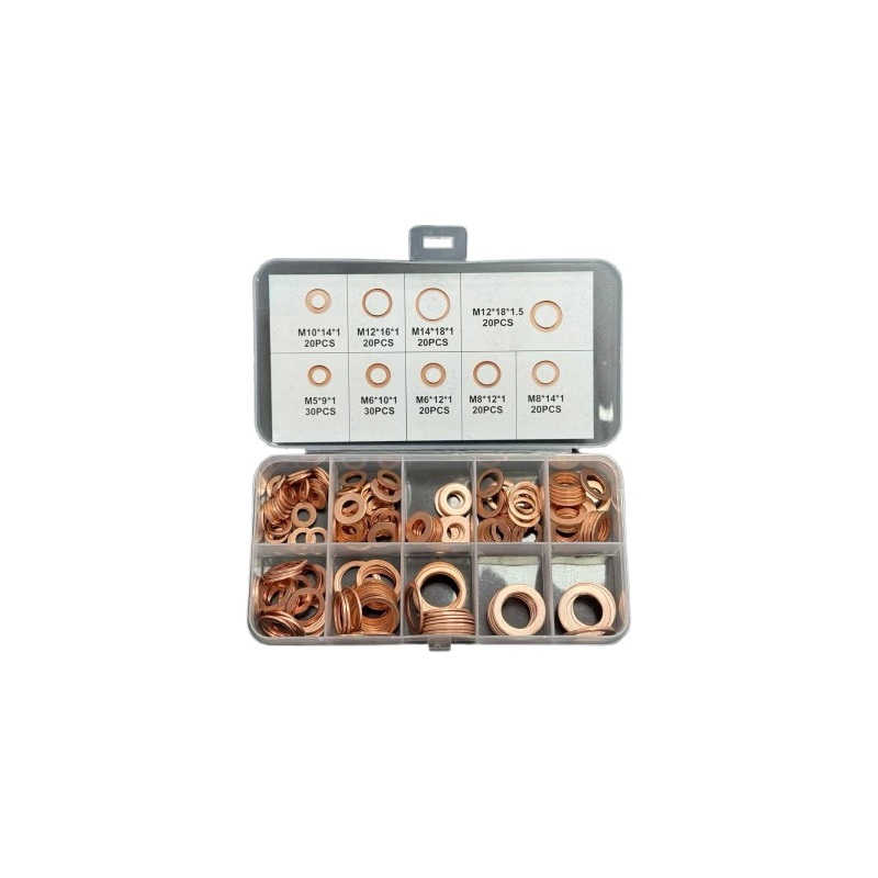 200 pcs Assorted Seal Flat Ring Solid Copper Crush Washers Set