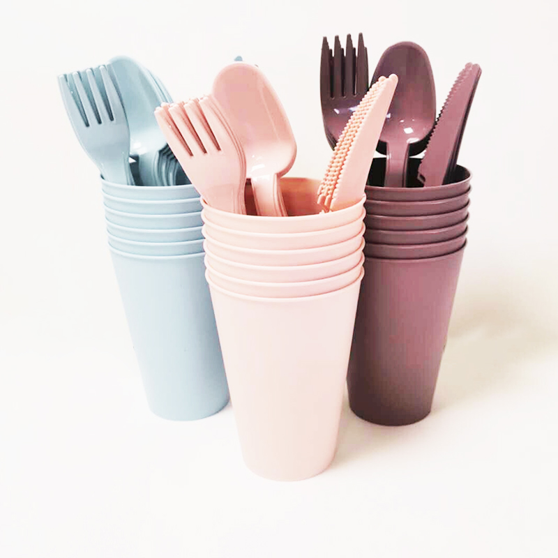 32 pcs Set Included Plastic Dinner Plate Mug Cutlery Set with Storage Box Mixed Colours Random Sent