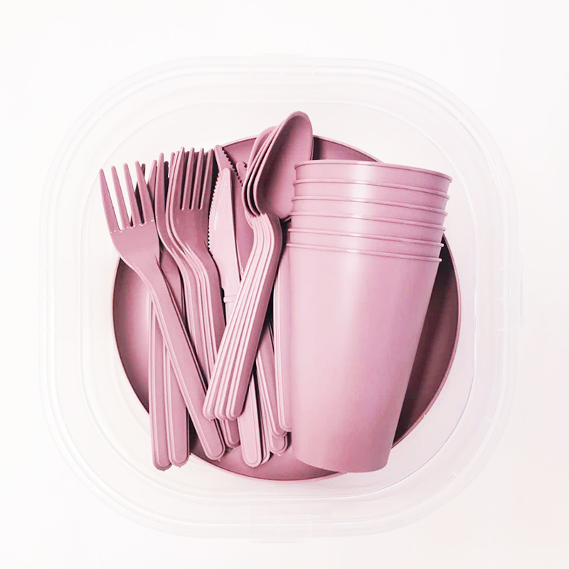 32 pcs Set Included Plastic Dinner Plate Mug Cutlery Set with Storage Box Mixed Colours Random Sent