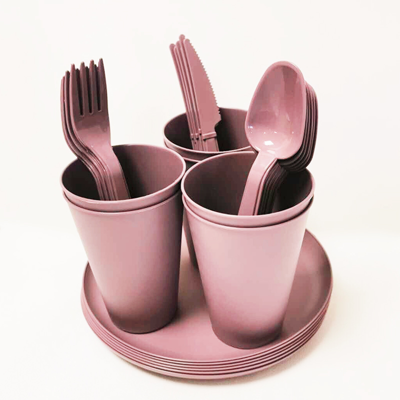 32 pcs Set Included Plastic Dinner Plate Mug Cutlery Set with Storage Box Mixed Colours Random Sent