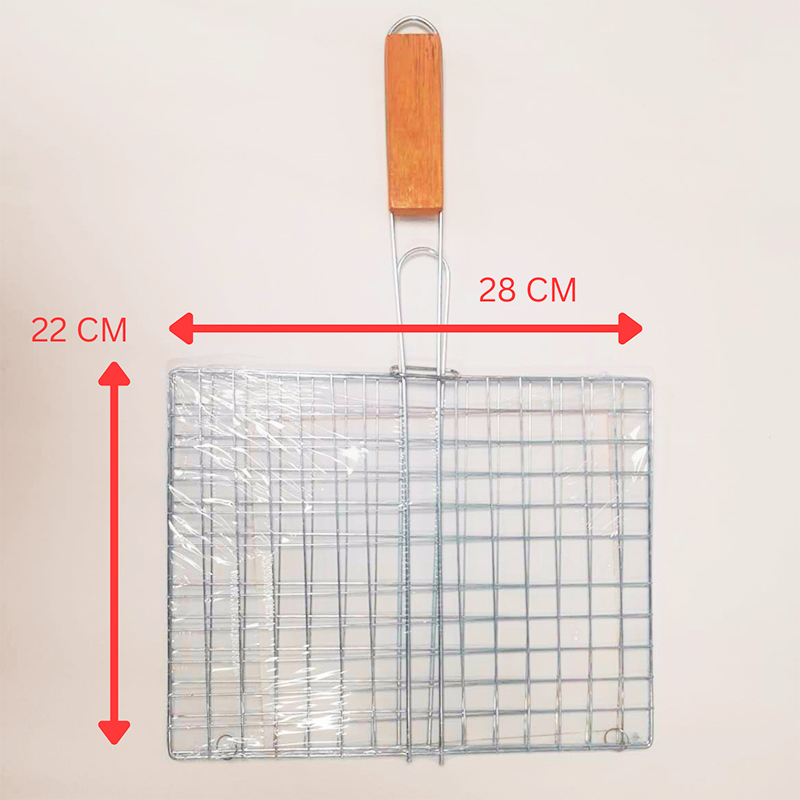 Metal BBQ Grilling Basketwith Wooden Handle Meat Fish Roasting Tool Kitchen 22 x 28 cm